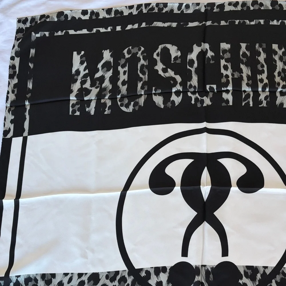 Moschino Leopard Print Silk Scarf Black and White Square NWT